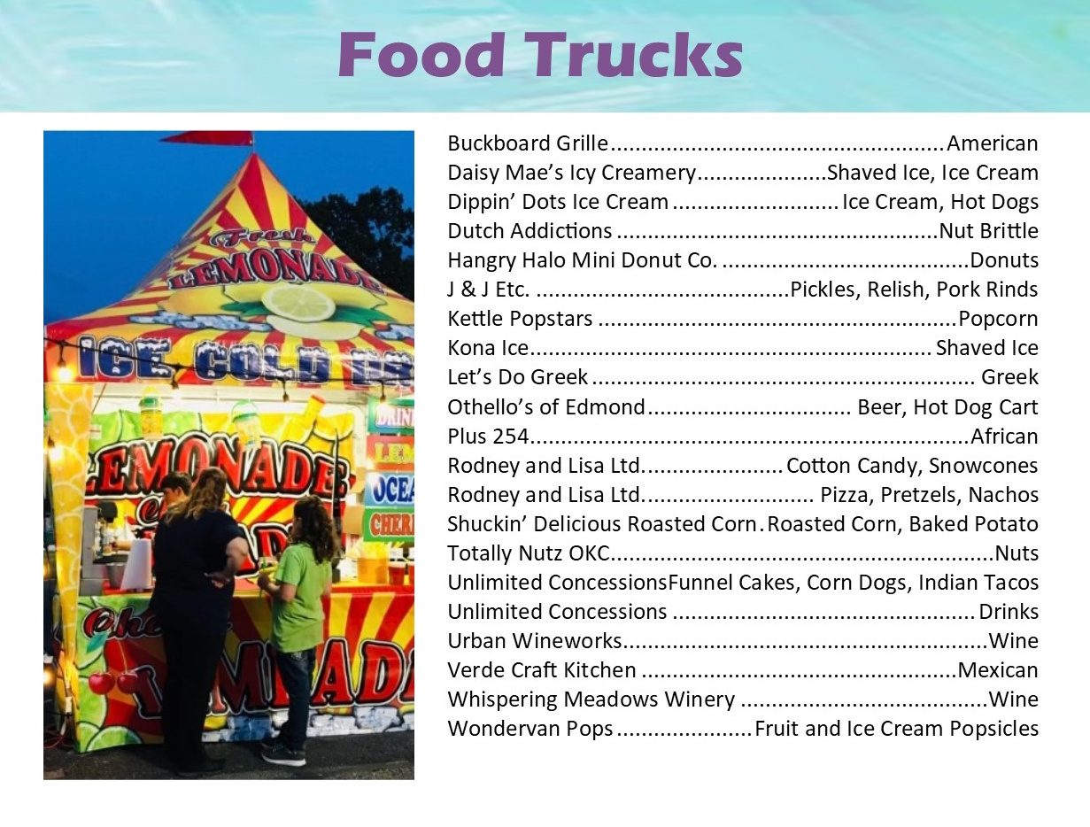 Flyer listing food trucks at the Downtown Edmond Arts Festival, featuring a photo of a colorful lemonade stand and a detailed list of vendors offering a variety of items such as American food, shaved ice, donuts, popcorn, Greek cuisine, beer, snowcones, roasted corn, funnel cakes, Indian tacos, wine, and popsicle.