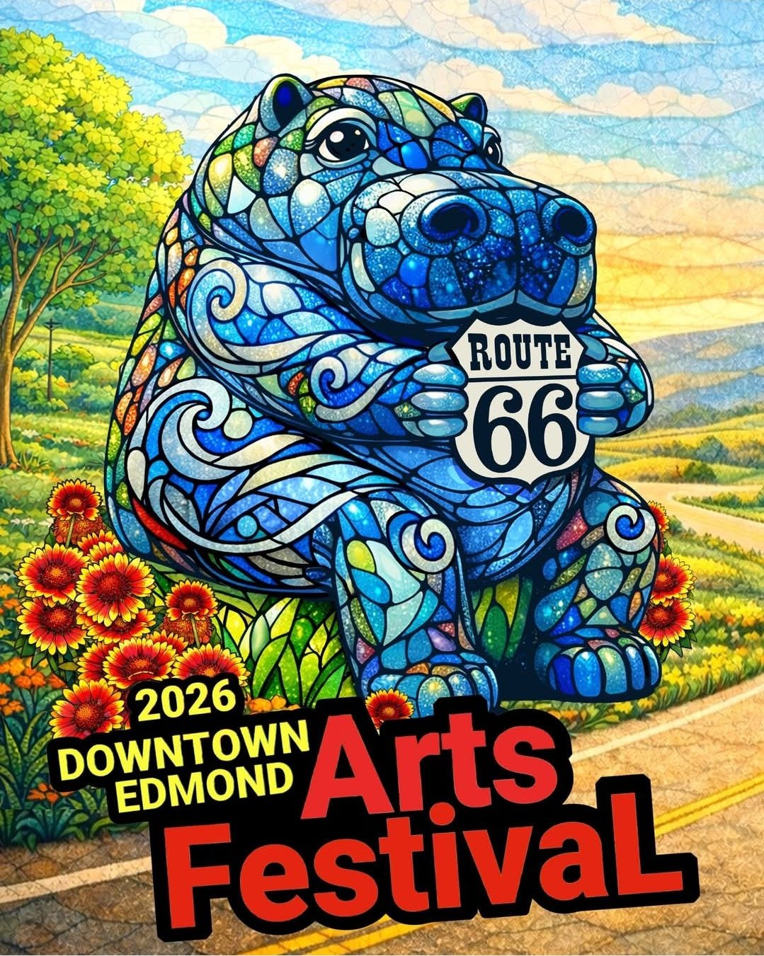 Colorful mosaic hippo holding a Route 66 sign at the Downtown Edmond Arts Festival 2026. May 1-3, 2026.