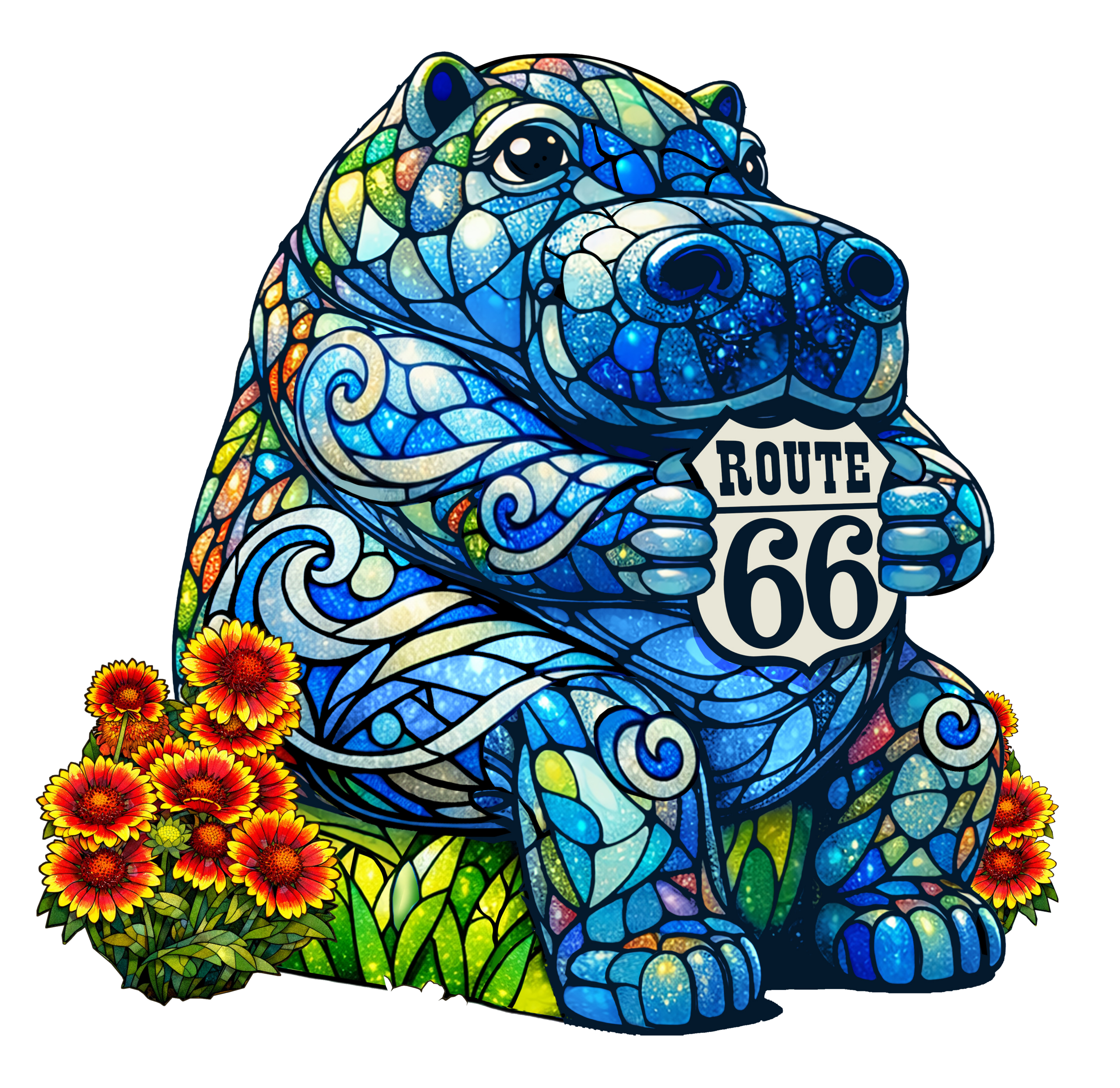 Colorful mosaic hippo holding a Route 66 sign at the Downtown Edmond Arts Festival 2026. May 1-3, 2026.